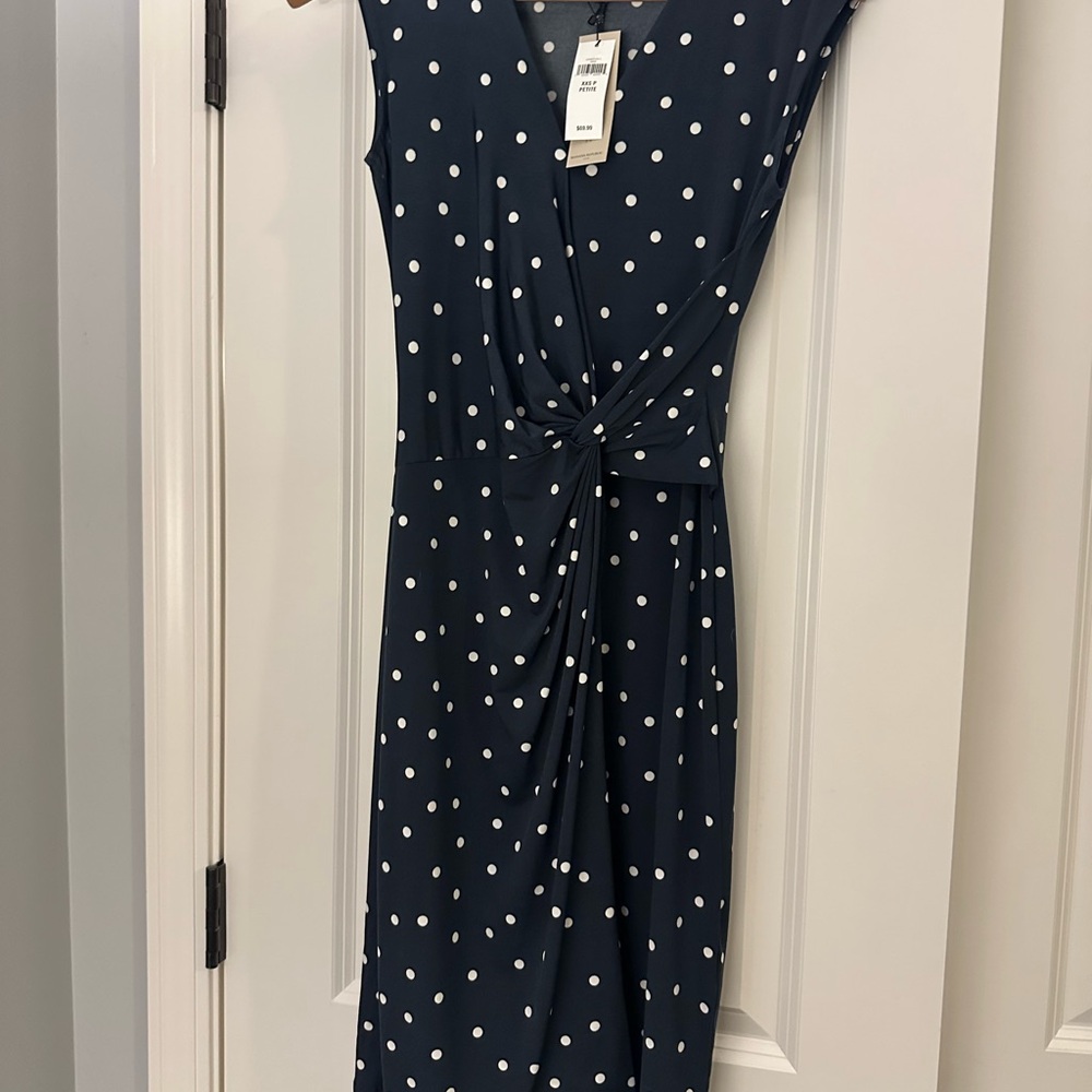 NEW w tags-Banana Republic Blue polka dot V-Neck Midi Dress-Size XXS P